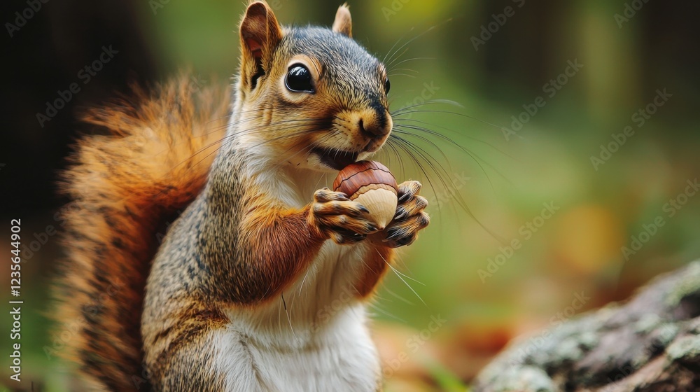Obraz premium Squirrel Holding Acorn in Forest During Autumn Season