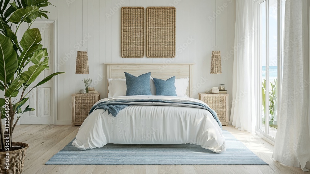 Fototapeta premium Cozy Minimalist Bedroom with Natural Elements and Beach View