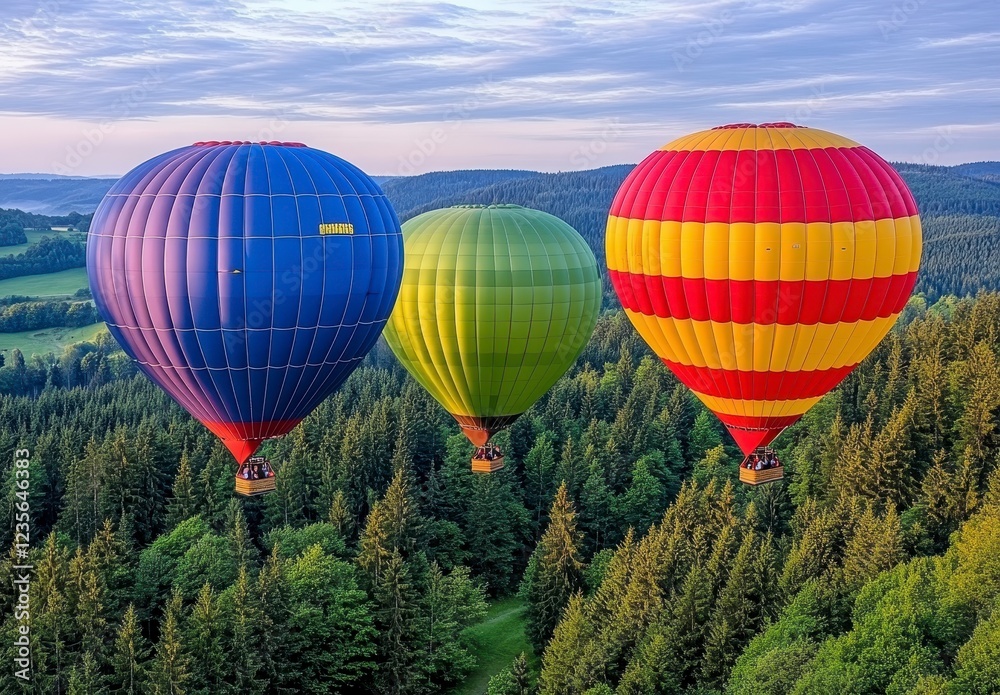 Obraz premium Three hot air balloons, blue, green and red yellow striped, soar over a lush green forest landscape under a partly cloudy sky. The balloons are