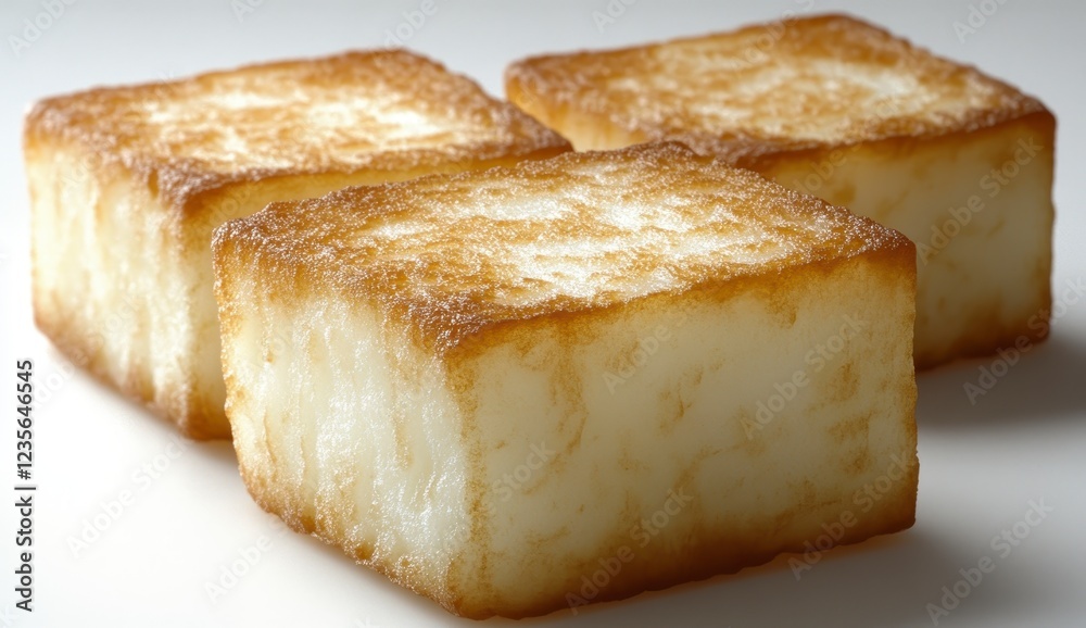 Three golden brown, square shaped food items, possibly baked goods or marshmallows, arranged on a bright white background. Their surfaces exhibit a Three golden brown, square shaped food items, possibly baked goods or marshmallows, arranged on a bright white background. Their surfaces exhibit a