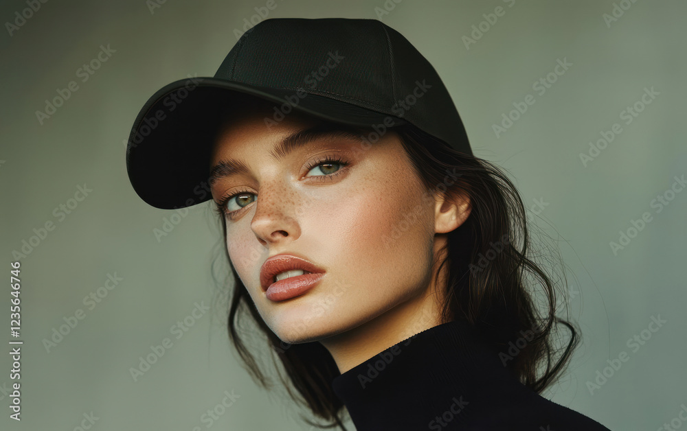 A close-up of a woman wearing a black baseball cap and a high-neck top, with intense eye contact and soft lighting creating a stylish mood A close-up of a woman wearing a black baseball cap and a high-neck top, with intense eye contact and soft lighting creating a stylish mood
