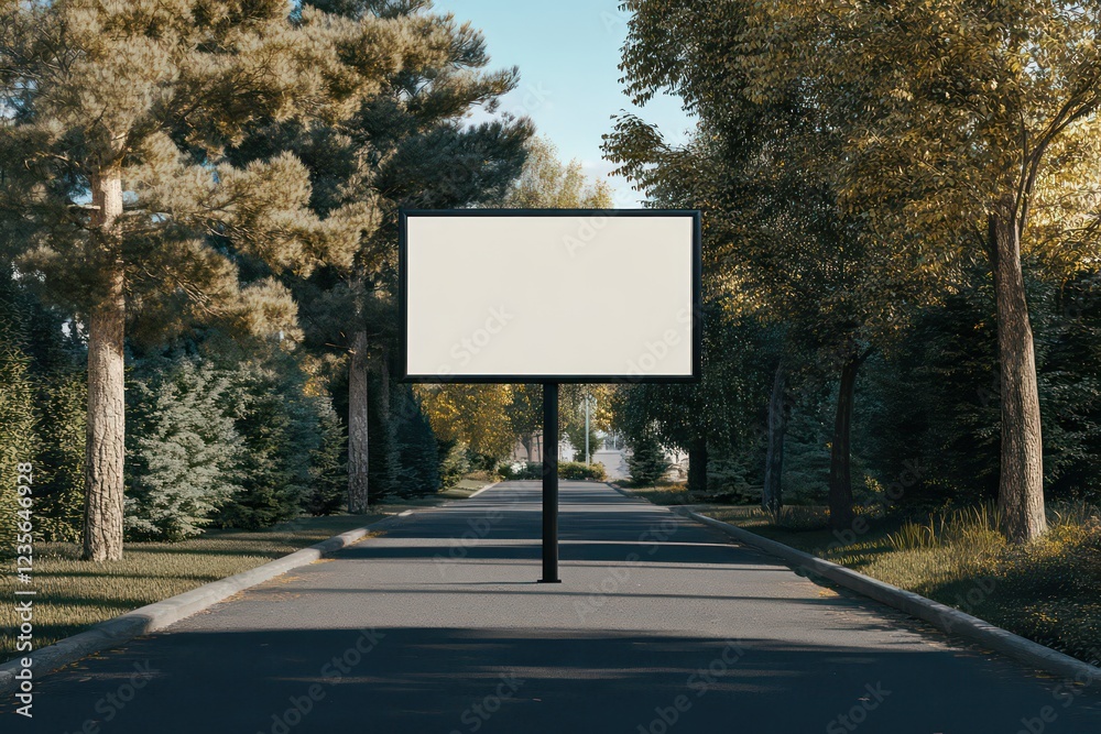 Rectangular street signage mockup on a quiet suburban road, surrounded by trees. Rectangular street signage mockup on a quiet suburban road, surrounded by trees.