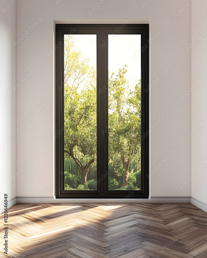 Obraz premium Interior Room with Double Window and Herringbone Floor