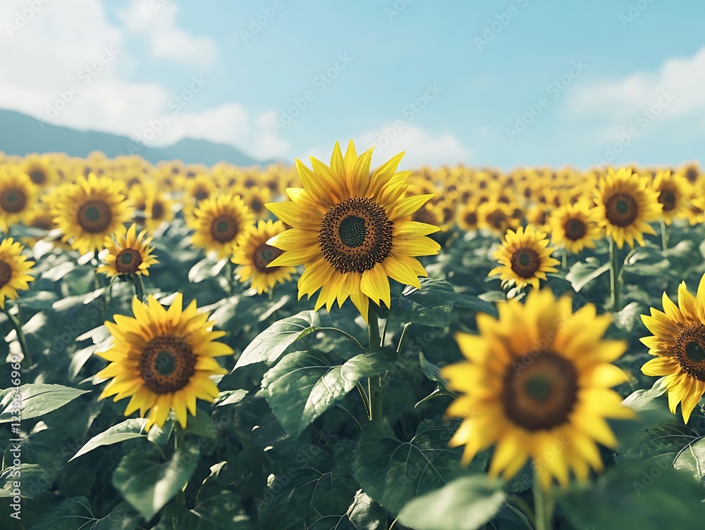 Obraz premium Bright sunflower field under a clear blue summer sky