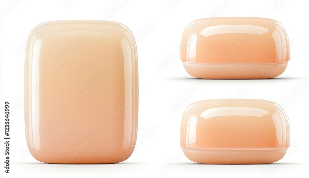 Three pale peach colored, glossy cases shown from different angles against a white background. The cases are smooth and rectangular or slightly Three pale peach colored, glossy cases shown from different angles against a white background. The cases are smooth and rectangular or slightly