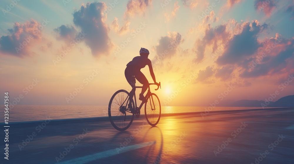 Fototapeta premium Cyclist silhouetted against a vibrant sunset, riding along a coastal road.