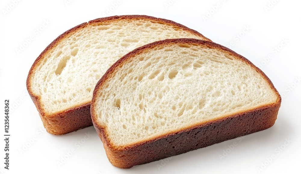Two slices of light brown bread with a slightly crisp crust, shot against a bright white background. The bread has a soft, airy crumb Two slices of light brown bread with a slightly crisp crust, shot against a bright white background. The bread has a soft, airy crumb
