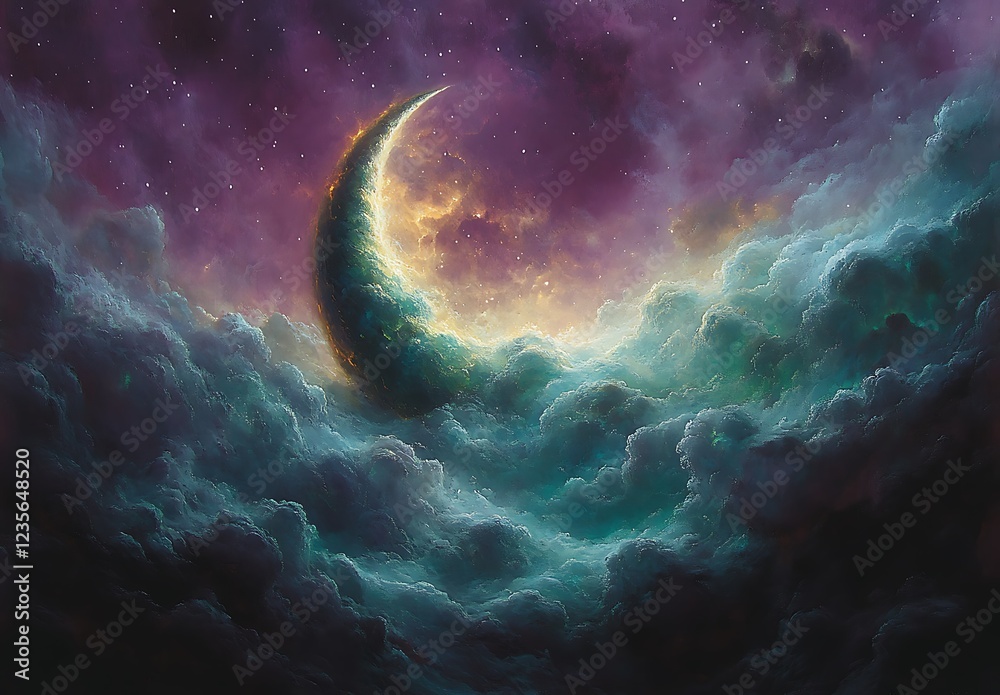 Fototapeta premium Vibrant Painting of a Crescent Moon Surrounded by Purple Clouds and a Starry Sky
