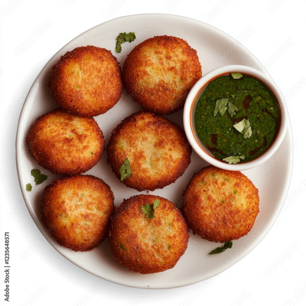 Crispy Indian Snack on Plate with Green Chutney and Fresh Coriander Garnish for a Delicious Treat Crispy Indian Snack on Plate with Green Chutney and Fresh Coriander Garnish for a Delicious Treat