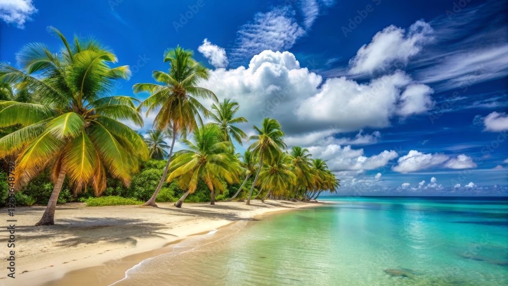 Obraz premium Serene Coastal Paradise Lush Palm Trees Lining a Pristine White Sand Beach with Tranquil Turquoise Waters Under a Vivid Blue Sky