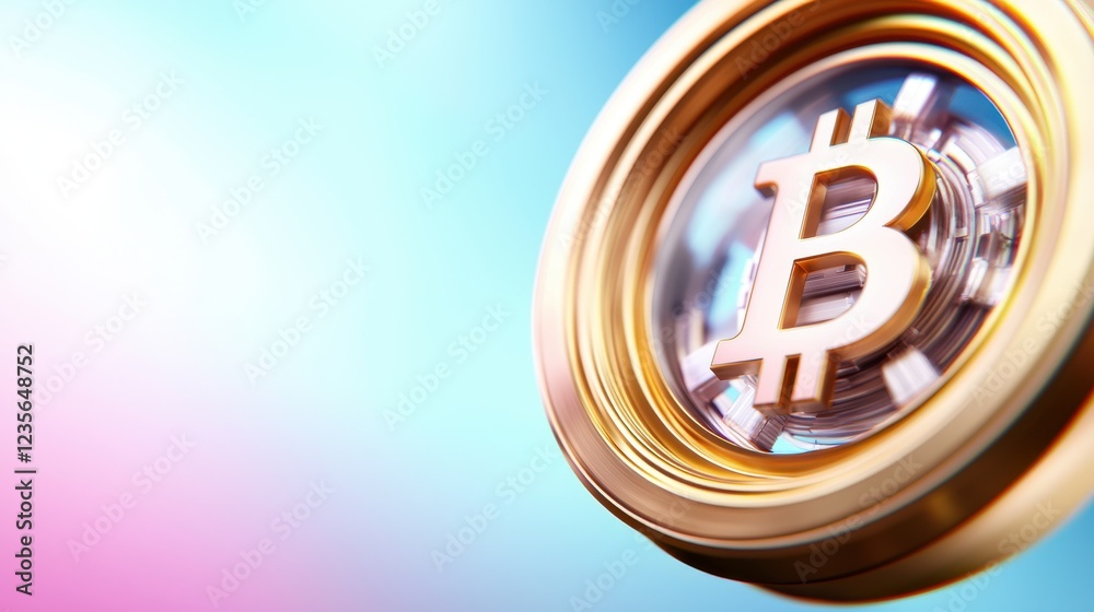 Golden Bitcoin Cryptocurrency Symbol in a Futuristic Circular Frame on a Soft Pastel Background Golden Bitcoin Cryptocurrency Symbol in a Futuristic Circular Frame on a Soft Pastel Background