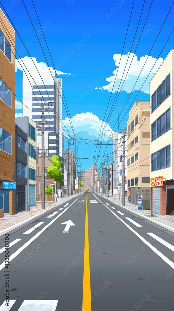 Sunny city street, buildings, road, urban, background, game asset Sunny city street, buildings, road, urban, background, game asset