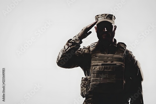 A silhouette of a soldier saluting, symbolizing respect and military service. photo