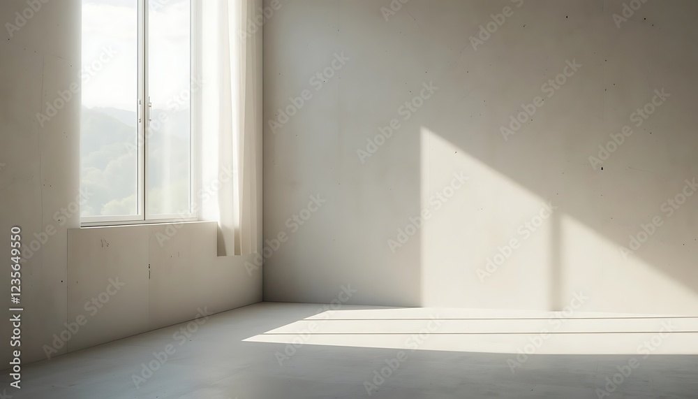 Fototapeta premium Sunlit Empty Room With White Walls And Window