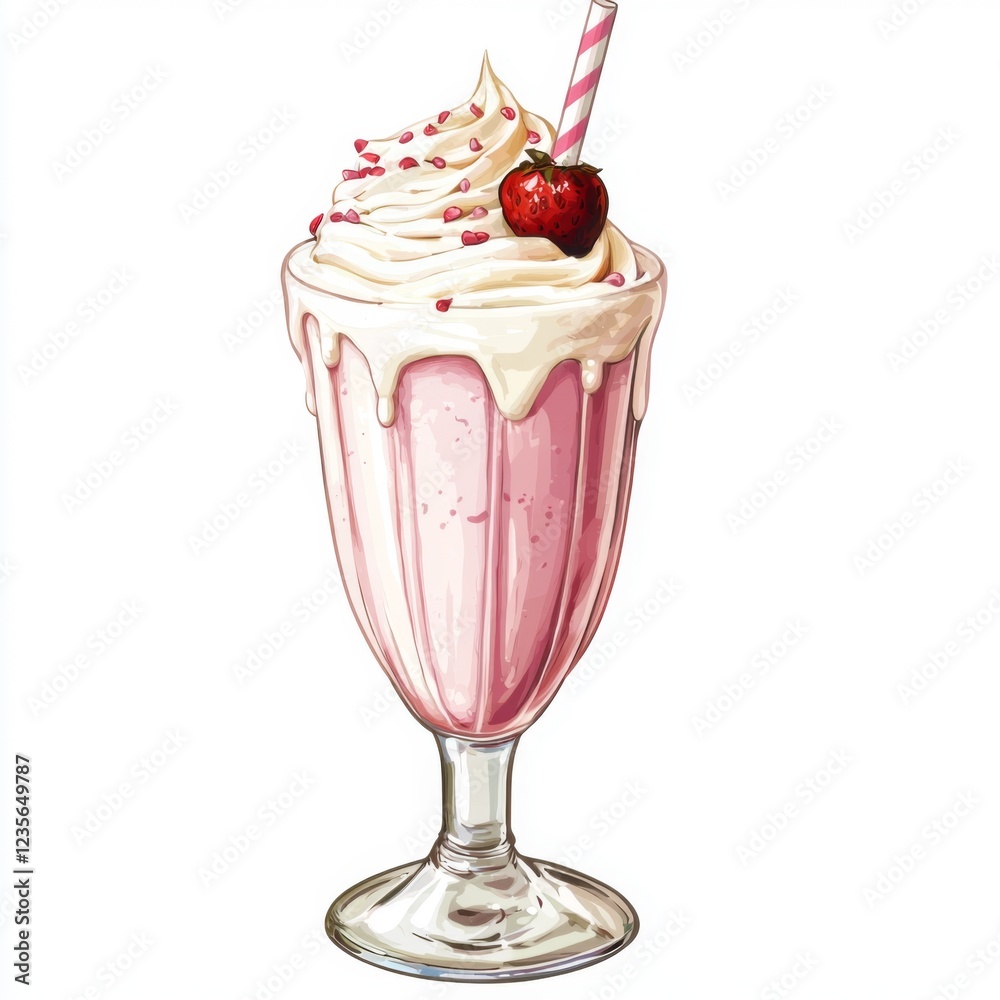 Creamy Strawberry Milkshake with Whipped Cream and Cherry Topped in a Classic Glass Creamy Strawberry Milkshake with Whipped Cream and Cherry Topped in a Classic Glass