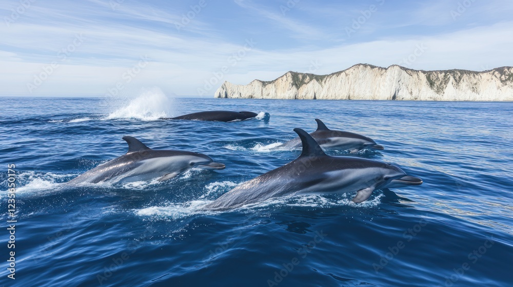 Naklejka premium Dolphins swimming in ocean near cliffs.