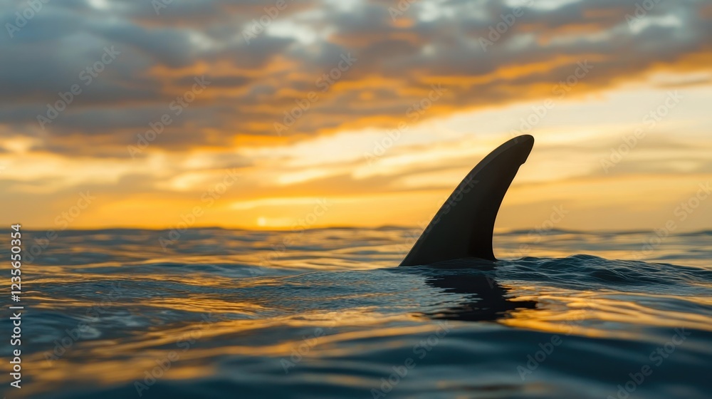 Fototapeta premium Shark Fin Emerging from Ocean at Sunset in Calm Waters