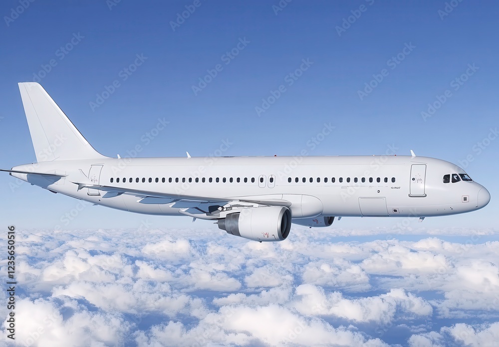 Fototapeta premium White passenger airplane in flight above a fluffy cloud layer under a clear blue sky. The aircraft is shown in profile view, showcasing its design