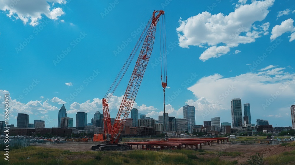 A construction crane stands against a city skyline under a bright blue sky. A construction crane stands against a city skyline under a bright blue sky.
