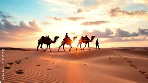 Sunset Caravan Crossing the Golden Sands of the Desert
