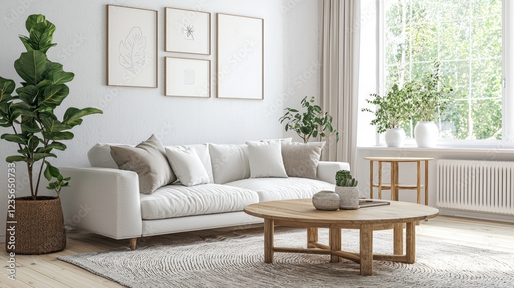 Fototapeta premium Modern Minimalist Living Room with Bright Natural Light and Plants