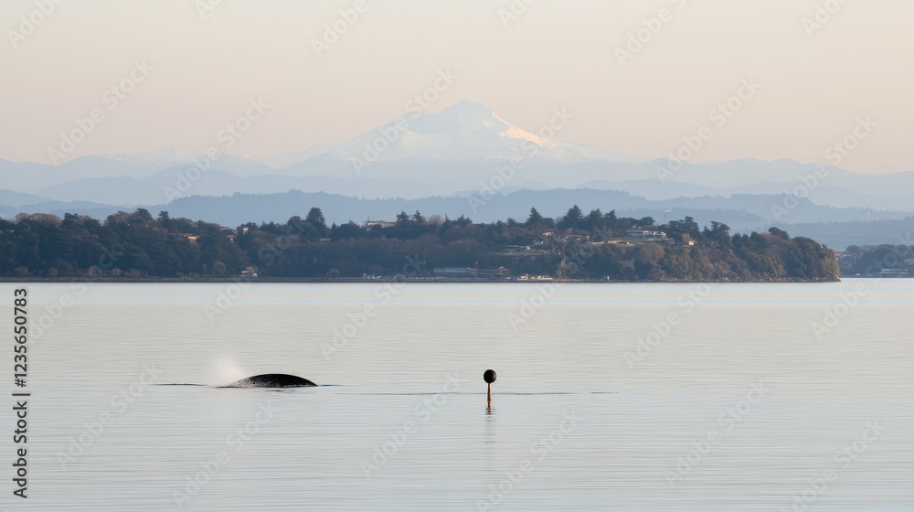 Whale surfacing in calm water with mountain backdrop. Whale surfacing in calm water with mountain backdrop.