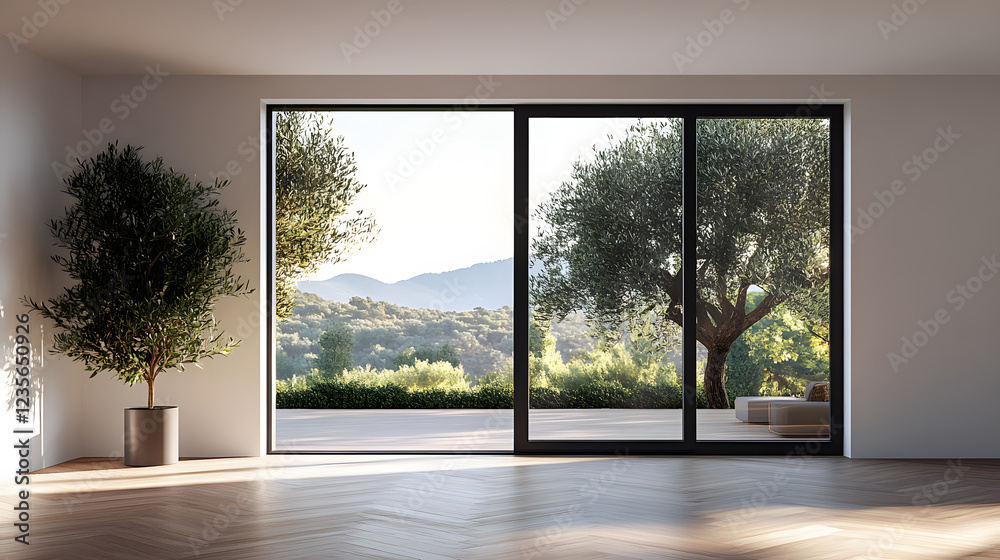 Fototapeta premium Interior Room with Sliding Glass Door and Outdoor Patio View