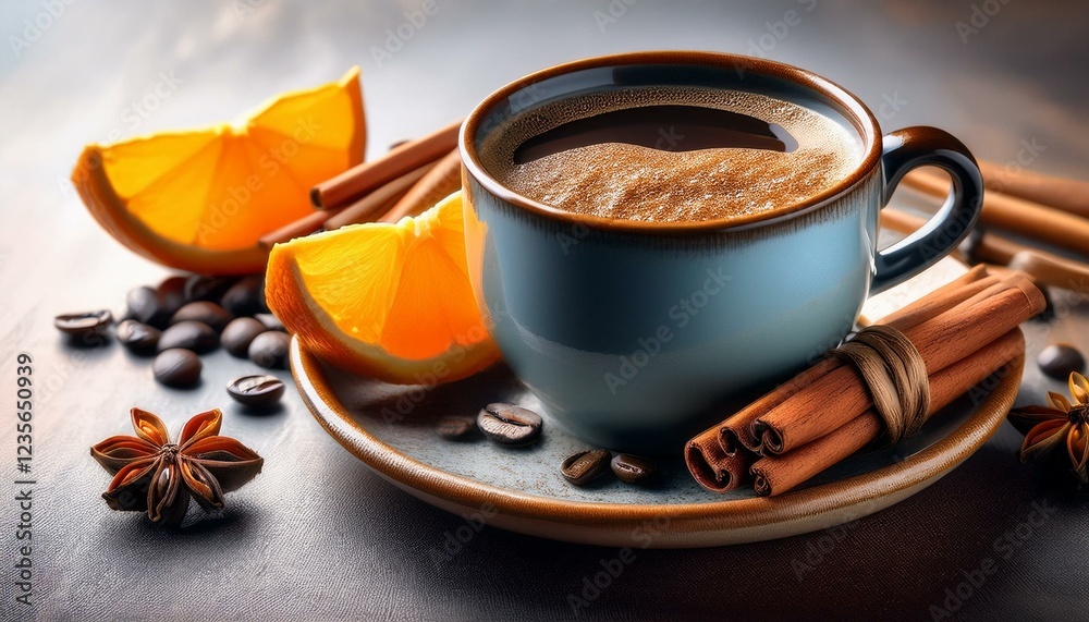 A cup of coffee with cinnamon sticks and orange slices in front; winter drinks concept, christmas, new year, thanksgiving day A cup of coffee with cinnamon sticks and orange slices in front; winter drinks concept, christmas, new year, thanksgiving day