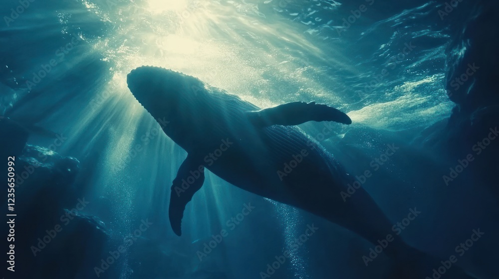 Naklejka premium Majestic whale silhouetted against sunbeams underwater.