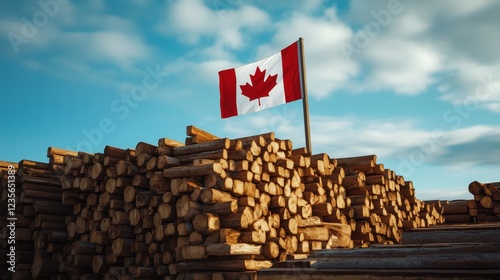 A large stack of cut lumber is piled high under a bright blue sky, with a Canadian flag waving prominently on top. The scene symbolizes the rising cost of lumber during a USA/Canada trade war.