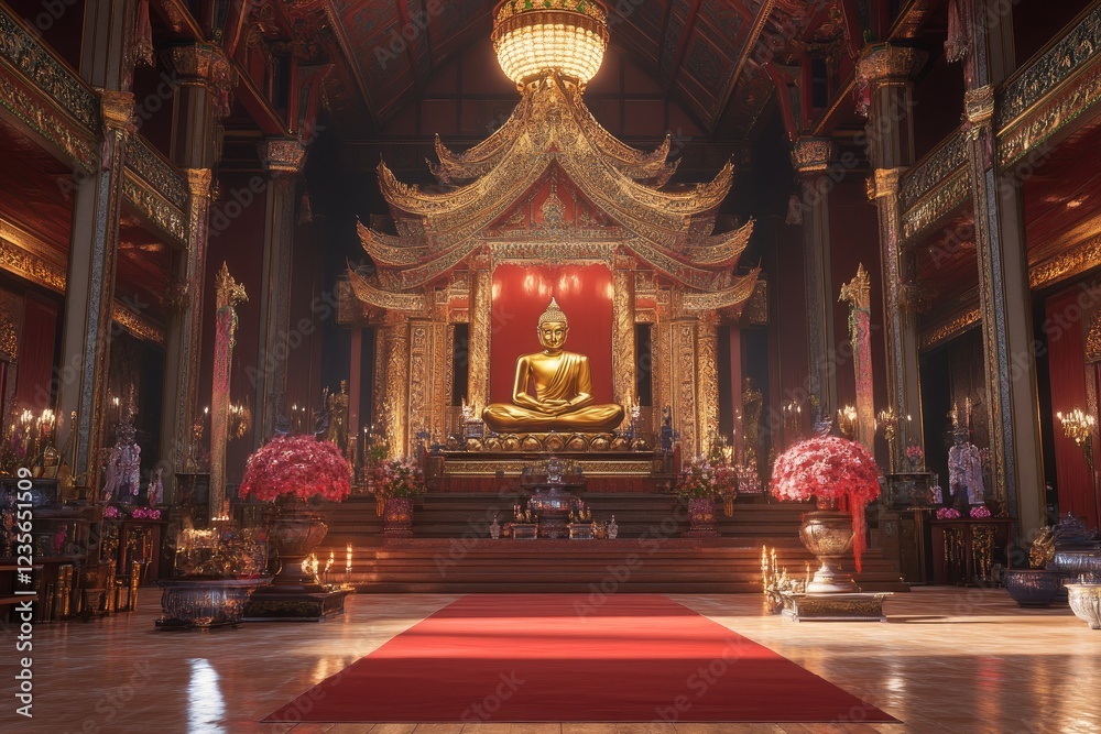 Fototapeta premium Golden Buddha statue in ornate Thai temple interior.