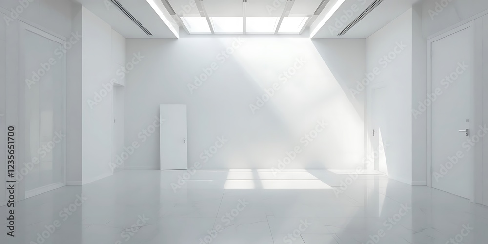 Minimalist White Room With Skylight And Doors