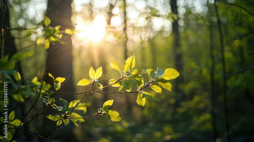 Obraz premium Sunlight Filtering Through Leaves in a Tranquil Forest Setting