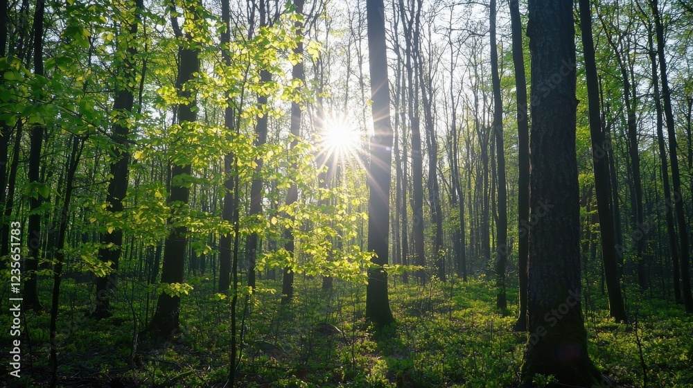 Fototapeta premium Sunlight Filtering Through Trees in a Lush Green Forest Landscape