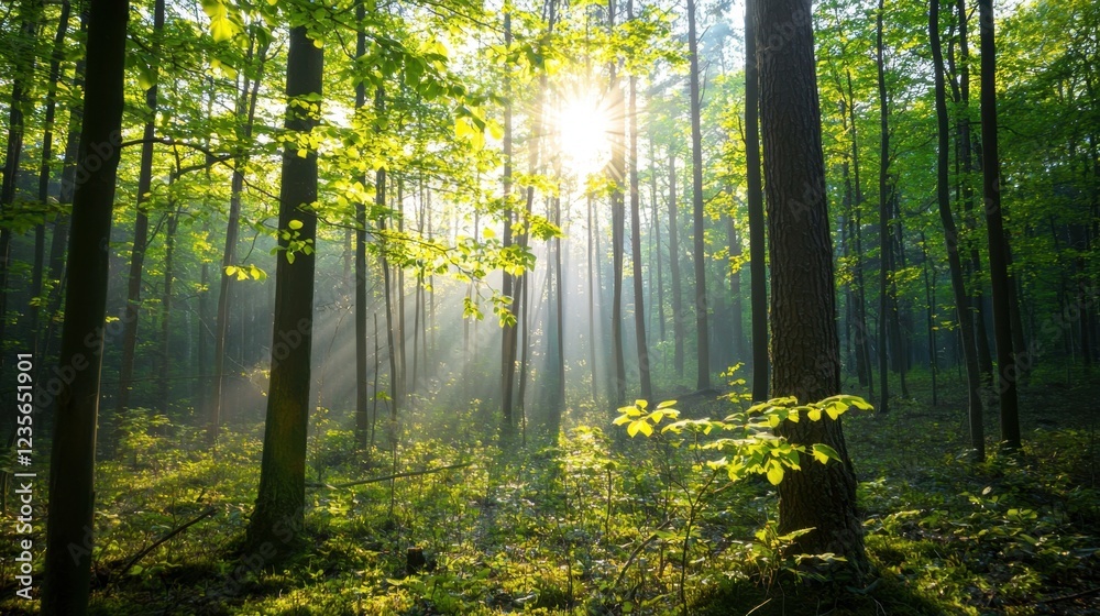 Obraz premium Sunlight Filtering Through Trees in Lush Green Forest Environment