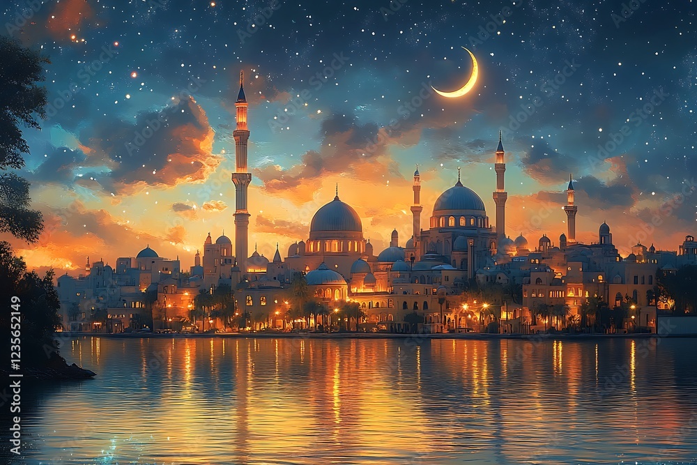 Fototapeta premium Serene Twilight Scene of Mosque with Domes and Minarets Reflected on Water Under Starlit Sky and Crescent Moon