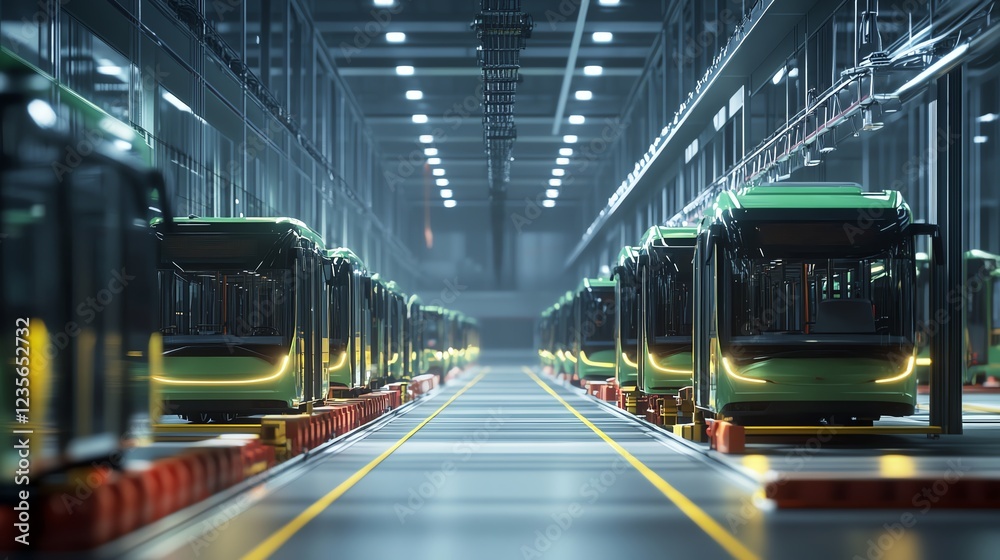 Modern green buses lined up in a spacious transport garage. Modern green buses lined up in a spacious transport garage.