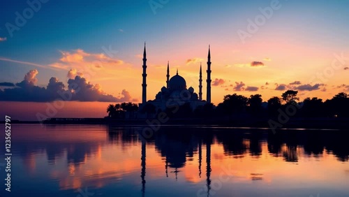Majestic Mosque Silhouette at Sunset Reflection