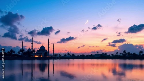 Serene Sunset Silhouette of Mosque by the Lake