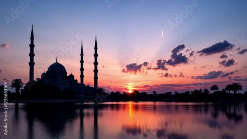 Serene Sunset Silhouette of Mosque by Lake