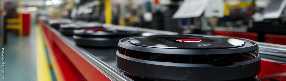 Automated vacuum cleaners on a production line in a modern factory setting. Automated vacuum cleaners on a production line in a modern factory setting.