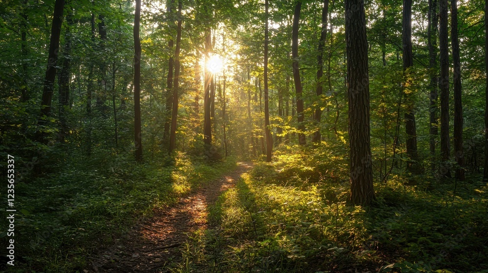 Obraz premium Sunlight Filtering Through Trees in Lush Green Forest Pathway
