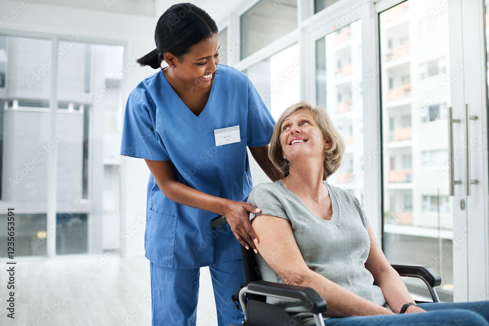 Obraz premium Caregiver, helping and elderly woman in wheelchair of rehabilitation, healthcare and injury recovery. Volunteer, mobility and patient with disability of healing care, medical service and nursing home