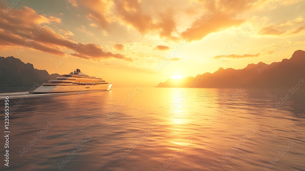 A luxury yacht cruising at sunset with serene waters and a dramatic sky backdrop. A luxury yacht cruising at sunset with serene waters and a dramatic sky backdrop.