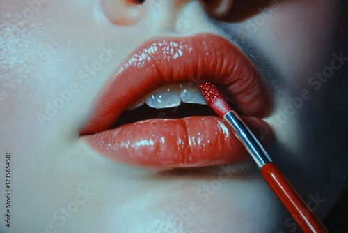 A detailed close-up of a womanâ€™s lips as she carefully applies lipstick, with blurred background details. photo