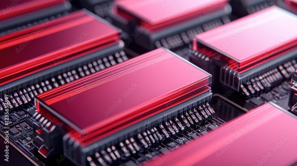 High Tech Red Circuit Board Components Close Up Advanced Technology Background Image