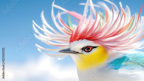 Vibrant Long crested Bird with Colorful Feathers Against a Blue Sky photo