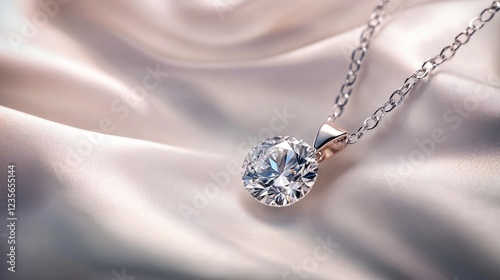 A close-up of a natural diamond pendant on a fine chain resting on white silk, with soft light reflecting off the diamond facets photo