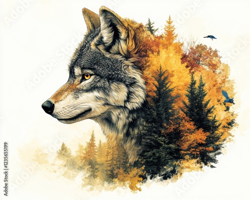Wallpaper Mural Wolf with forest blending in colorful autumn. Torontodigital.ca