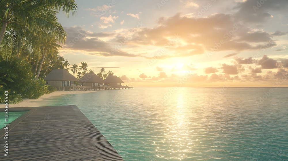 Naklejka premium Serene sunset over calm waters, with palm trees and a tropical setting.